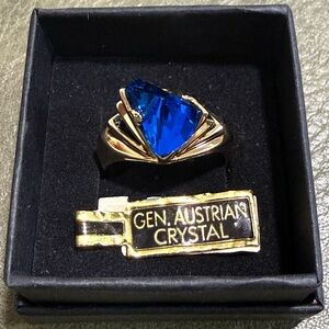 NOS Vintage 18K EGP Blue Lens-Cut Austrian Crystal Ring Size 8